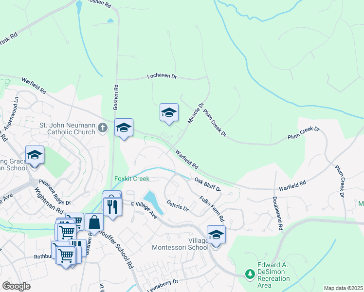 map of restaurants, bars, coffee shops, grocery stores, and more near 20601 Miracle Drive in Gaithersburg
