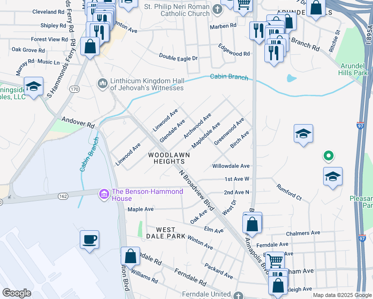 map of restaurants, bars, coffee shops, grocery stores, and more near 52 Mapledale Avenue in Glen Burnie
