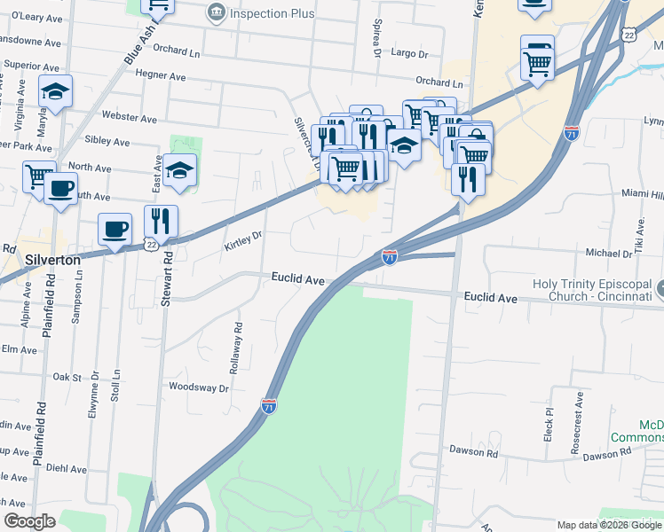 map of restaurants, bars, coffee shops, grocery stores, and more near 6071 Saint Regis Drive in Cincinnati