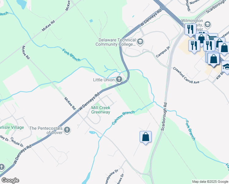map of restaurants, bars, coffee shops, grocery stores, and more near 219 Mill Creek Drive in Dover
