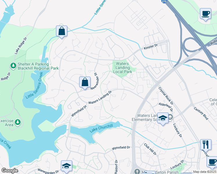 map of restaurants, bars, coffee shops, grocery stores, and more near 20503 Staffordshire Drive in Germantown
