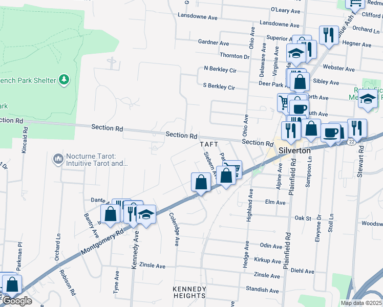 map of restaurants, bars, coffee shops, grocery stores, and more near 6785 Siebern Avenue in Cincinnati