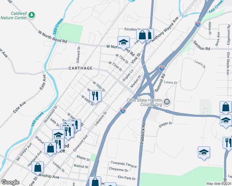map of restaurants, bars, coffee shops, grocery stores, and more near 7020 Vine Street in Cincinnati