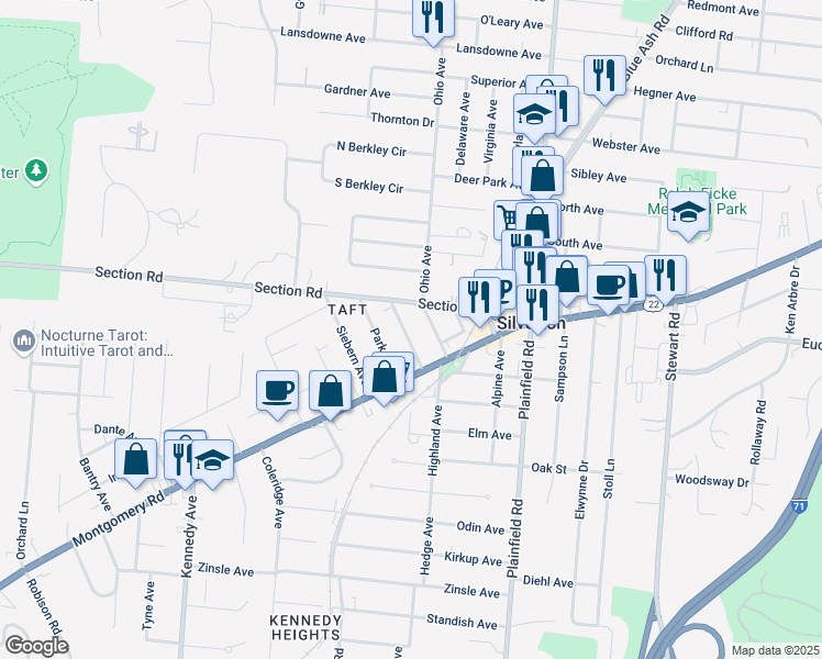 map of restaurants, bars, coffee shops, grocery stores, and more near 6832 Kenton Avenue in Cincinnati