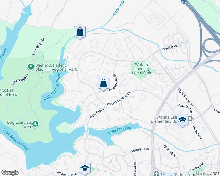 map of restaurants, bars, coffee shops, grocery stores, and more near 20528 Neerwinder Street in Germantown
