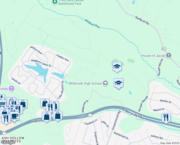 map of restaurants, bars, coffee shops, grocery stores, and more near 214 Lake Sever Drive in Winchester