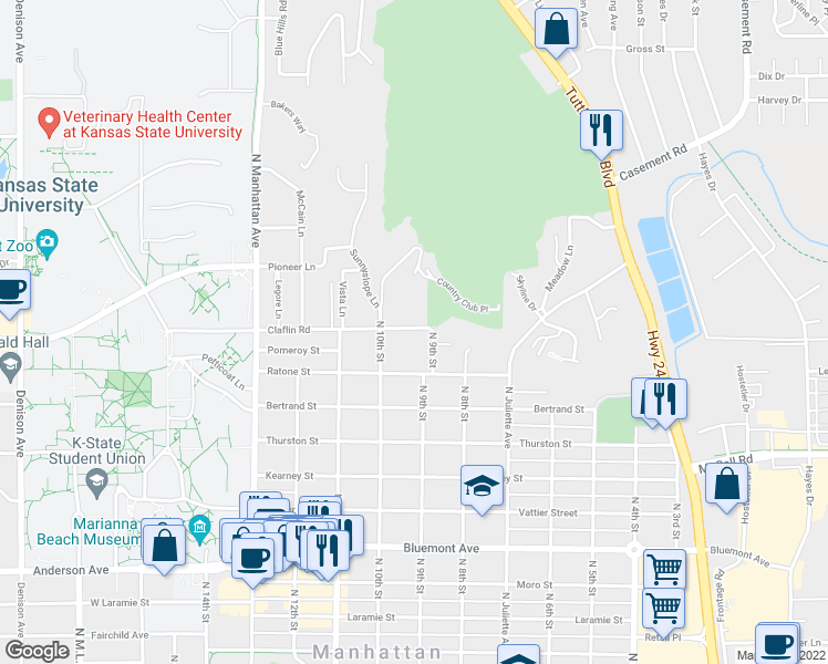 map of restaurants, bars, coffee shops, grocery stores, and more near 913 Claflin Road in Manhattan