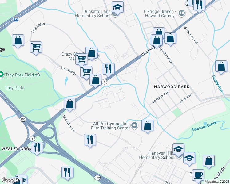 map of restaurants, bars, coffee shops, grocery stores, and more near 6800 Guest Call in Elkridge