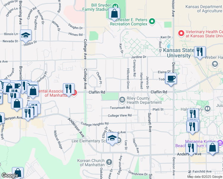 map of restaurants, bars, coffee shops, grocery stores, and more near 2216 Claflin Road in Manhattan