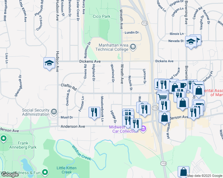 map of restaurants, bars, coffee shops, grocery stores, and more near 1409 Westwind Drive in Manhattan