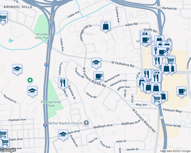 map of restaurants, bars, coffee shops, grocery stores, and more near 61 West Furnace Branch Road in Glen Burnie