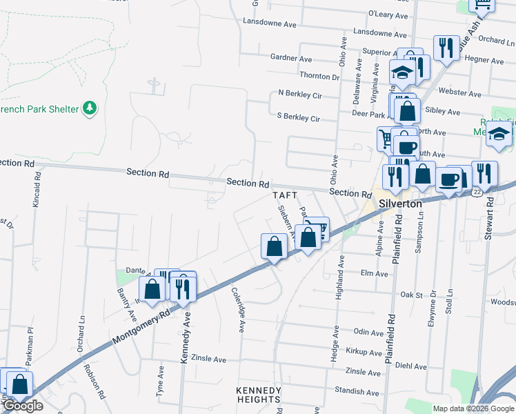 map of restaurants, bars, coffee shops, grocery stores, and more near 6783 Siebern Avenue in Cincinnati