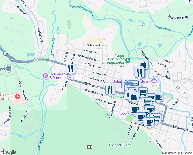 map of restaurants, bars, coffee shops, grocery stores, and more near 442 West Bleeker Street in Aspen