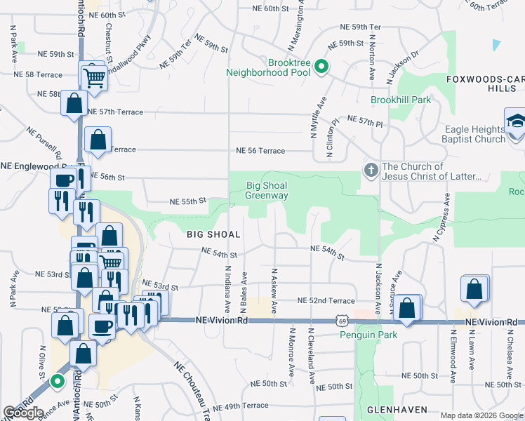 map of restaurants, bars, coffee shops, grocery stores, and more near 5435 North Bales Terrace in Kansas City