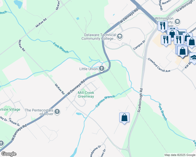 map of restaurants, bars, coffee shops, grocery stores, and more near 219 Mill Creek Drive in Dover