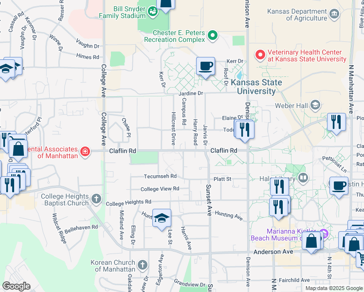 map of restaurants, bars, coffee shops, grocery stores, and more near 2024 Claflin Road in Manhattan
