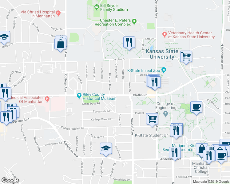 map of restaurants, bars, coffee shops, grocery stores, and more near 1408 Claflin Circle in Manhattan