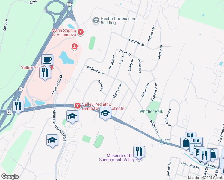 map of restaurants, bars, coffee shops, grocery stores, and more near 216 Fox Drive in Winchester
