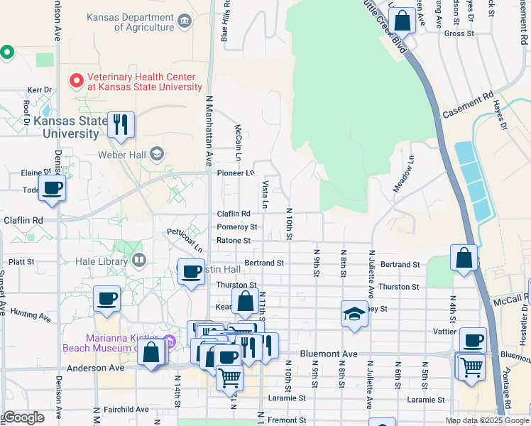 map of restaurants, bars, coffee shops, grocery stores, and more near 1400 Vista Lane in Manhattan