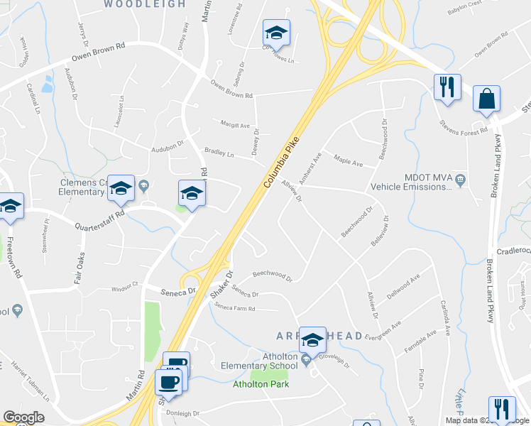 map of restaurants, bars, coffee shops, grocery stores, and more near 6410 Amherst Avenue in Columbia
