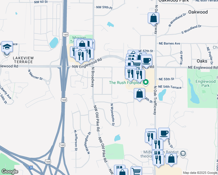 map of restaurants, bars, coffee shops, grocery stores, and more near 5407 North Central Street in Kansas City