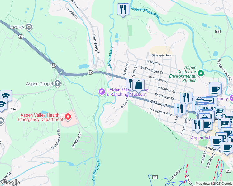 map of restaurants, bars, coffee shops, grocery stores, and more near 835 W Main St in Aspen