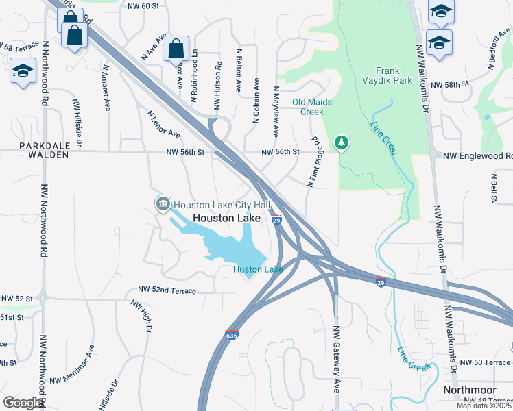 map of restaurants, bars, coffee shops, grocery stores, and more near 5428 North Houstolake Drive in Kansas City
