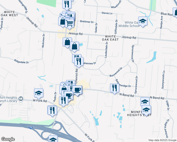 map of restaurants, bars, coffee shops, grocery stores, and more near 5664 Lauderdale Drive in Cincinnati