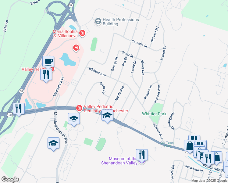 map of restaurants, bars, coffee shops, grocery stores, and more near 216 Fox Drive in Winchester