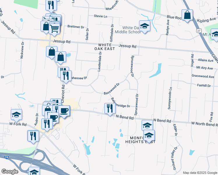 map of restaurants, bars, coffee shops, grocery stores, and more near 3301 Boca Lane in Cincinnati