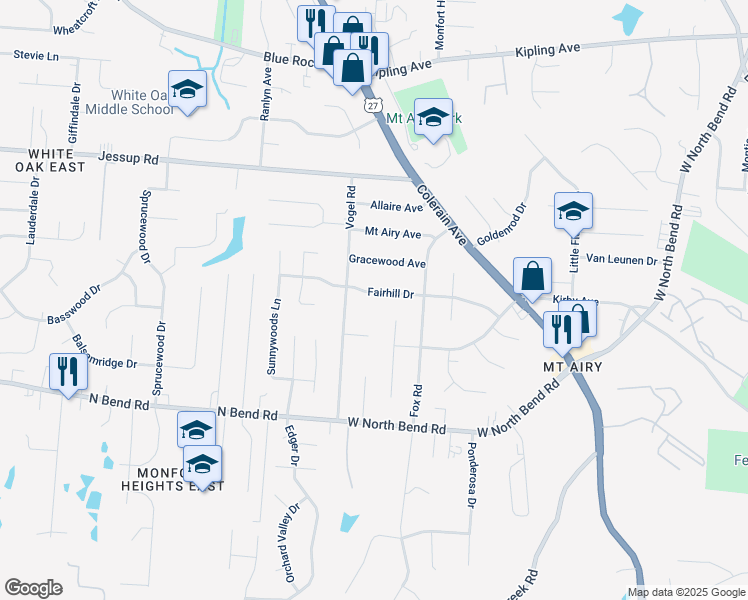 map of restaurants, bars, coffee shops, grocery stores, and more near 2649 Fairhill Drive in Cincinnati