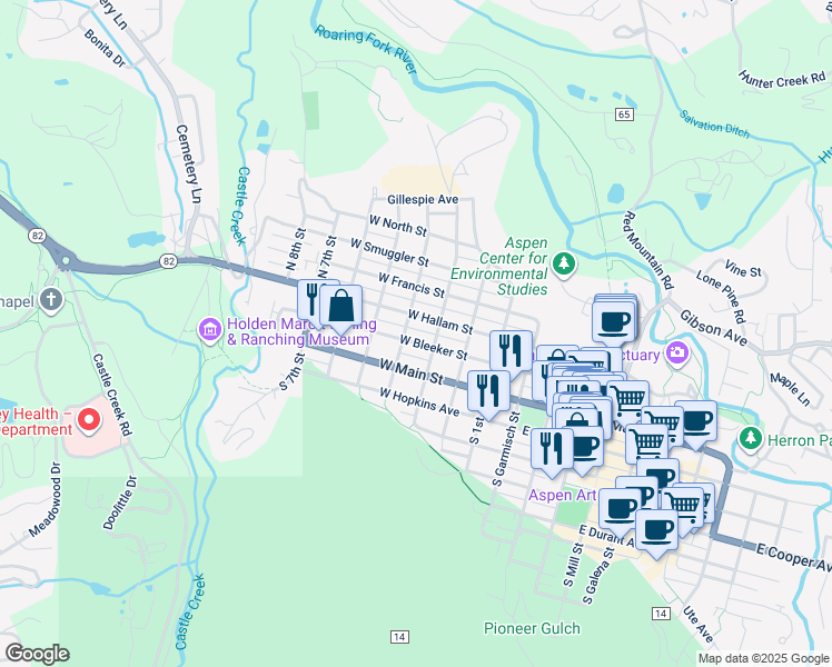 map of restaurants, bars, coffee shops, grocery stores, and more near 442 West Bleeker Street in Aspen