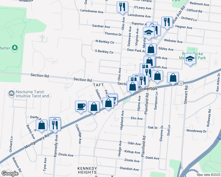 map of restaurants, bars, coffee shops, grocery stores, and more near 6852 Park Avenue in Cincinnati