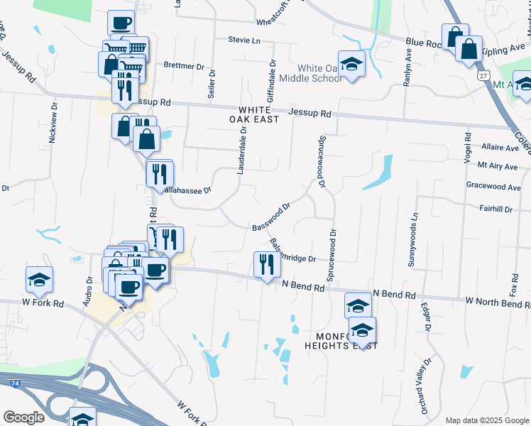 map of restaurants, bars, coffee shops, grocery stores, and more near 3301 Boca Lane in Cincinnati