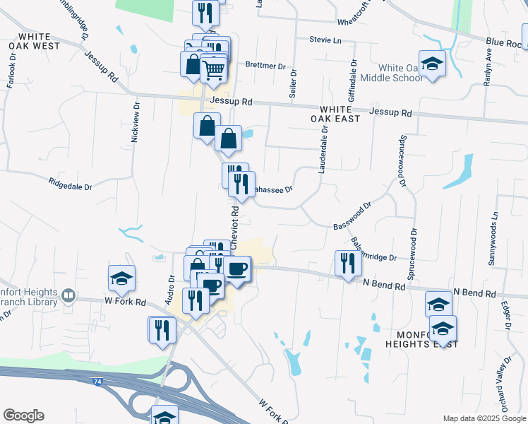 map of restaurants, bars, coffee shops, grocery stores, and more near 5664 Lauderdale Drive in Cincinnati