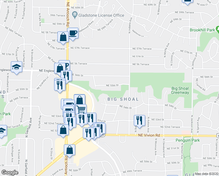 map of restaurants, bars, coffee shops, grocery stores, and more near 3117 Northeast 55th Street in Kansas City