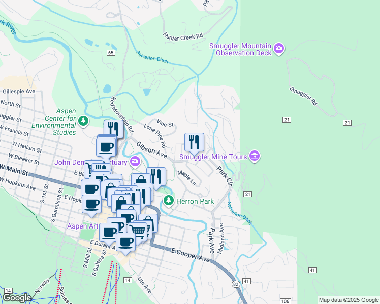 map of restaurants, bars, coffee shops, grocery stores, and more near 516 Spruce Street in Aspen