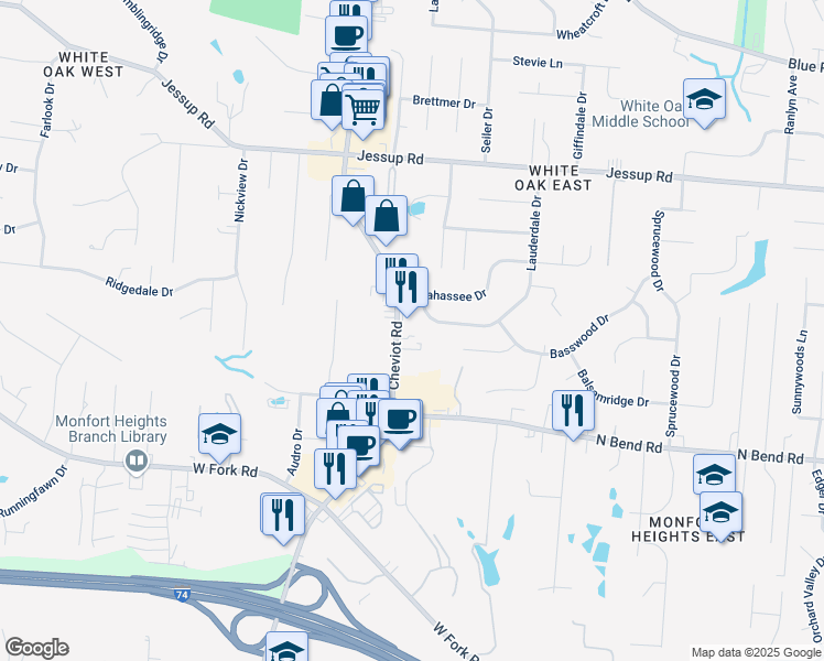 map of restaurants, bars, coffee shops, grocery stores, and more near 5600 Cheviot Road in Cincinnati