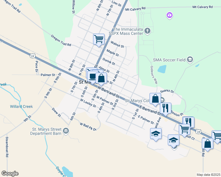 map of restaurants, bars, coffee shops, grocery stores, and more near 143 North 4th Street in Saint Marys