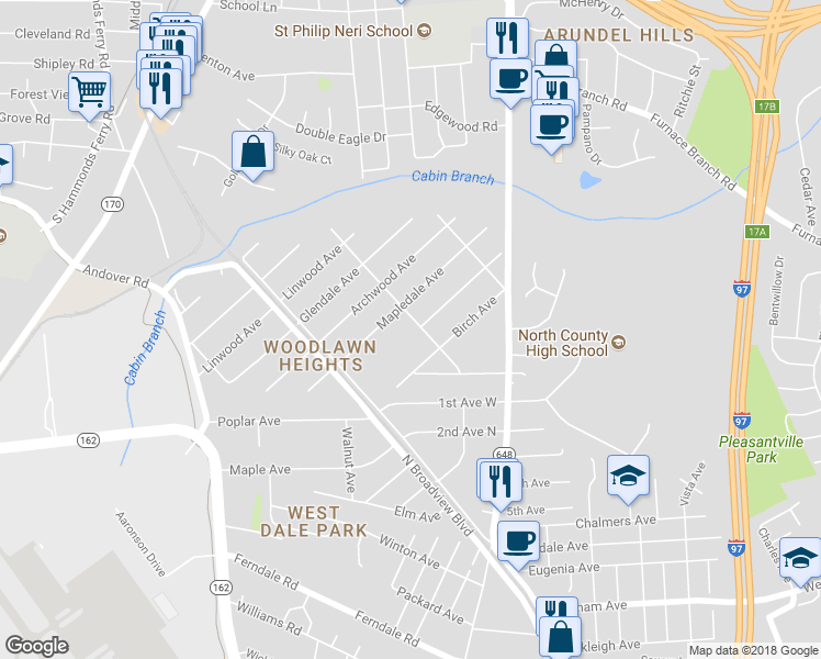 map of restaurants, bars, coffee shops, grocery stores, and more near 17 Rosedale Avenue in Glen Burnie