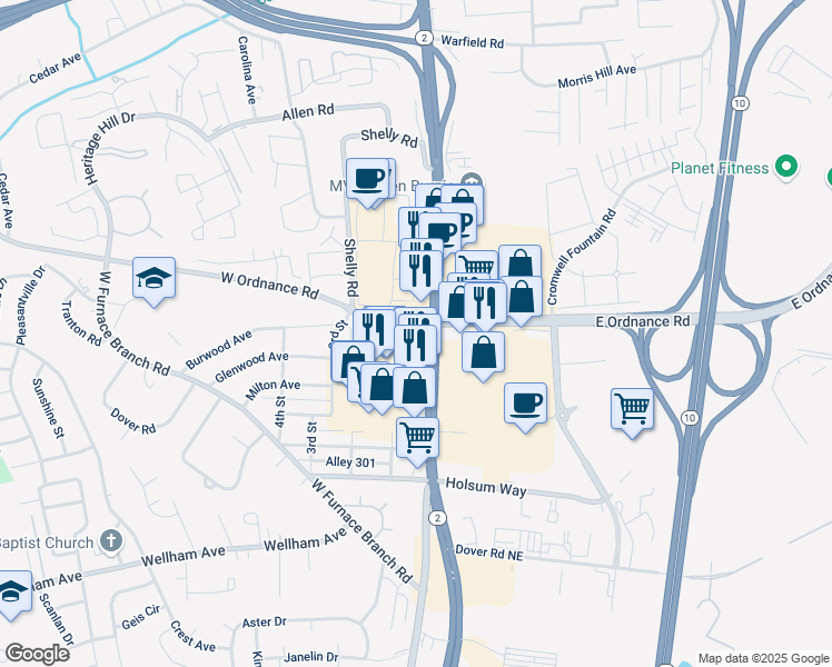map of restaurants, bars, coffee shops, grocery stores, and more near 6700 Governor Ritchie Highway in Glen Burnie