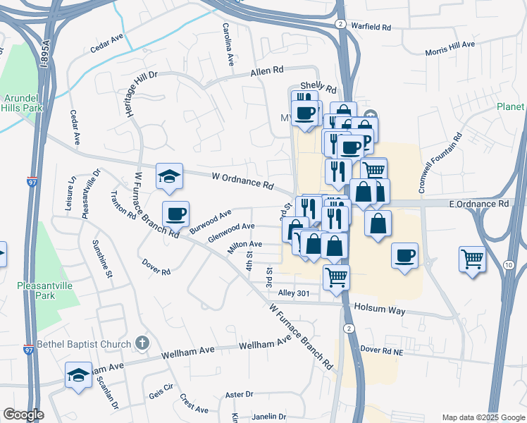 map of restaurants, bars, coffee shops, grocery stores, and more near 309 Burwood Avenue in Glen Burnie