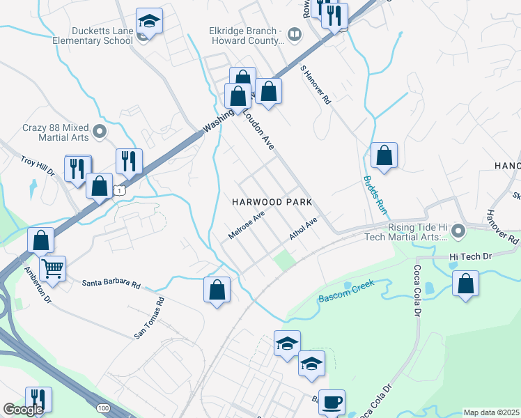 map of restaurants, bars, coffee shops, grocery stores, and more near 6397 Forest Avenue in Elkridge