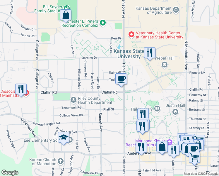 map of restaurants, bars, coffee shops, grocery stores, and more near 1834 Claflin Road in Manhattan