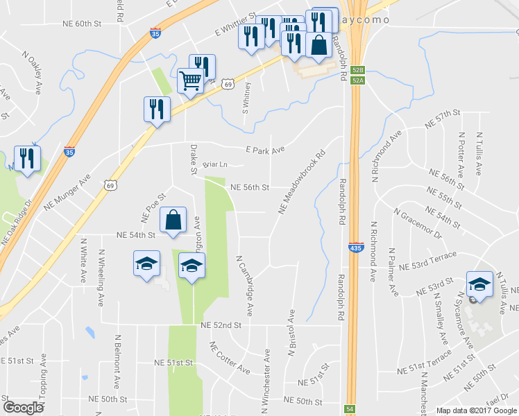 map of restaurants, bars, coffee shops, grocery stores, and more near 6930 Northeast 55th Street in Kansas City