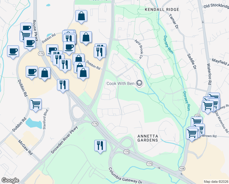 map of restaurants, bars, coffee shops, grocery stores, and more near 8707 Sage Brush Way in Columbia