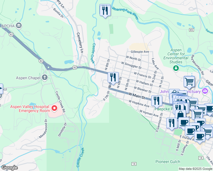 map of restaurants, bars, coffee shops, grocery stores, and more near 814 West Main Street in Aspen