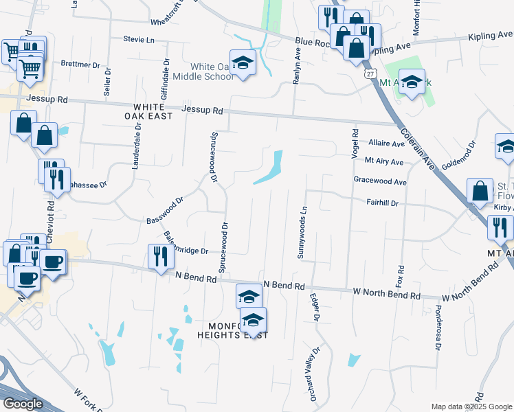 map of restaurants, bars, coffee shops, grocery stores, and more near 5636 Hickory Ridge Lane in Cincinnati
