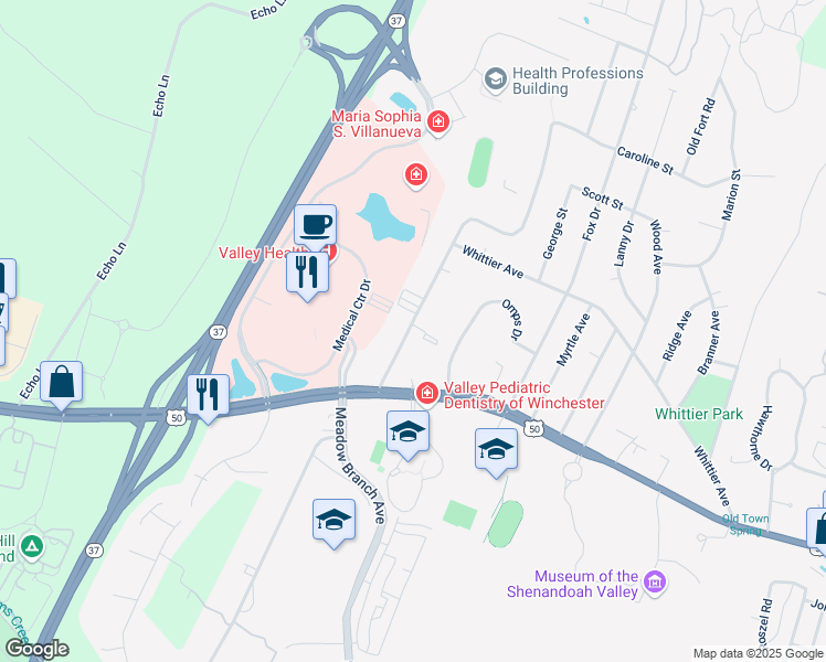map of restaurants, bars, coffee shops, grocery stores, and more near 152 Linden Drive in Winchester
