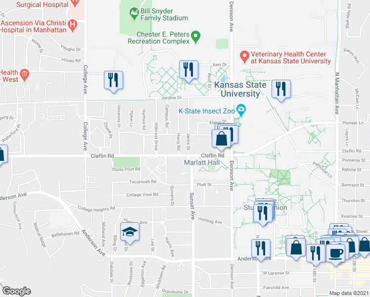 map of restaurants, bars, coffee shops, grocery stores, and more near 1409 Jarvis Drive in Manhattan